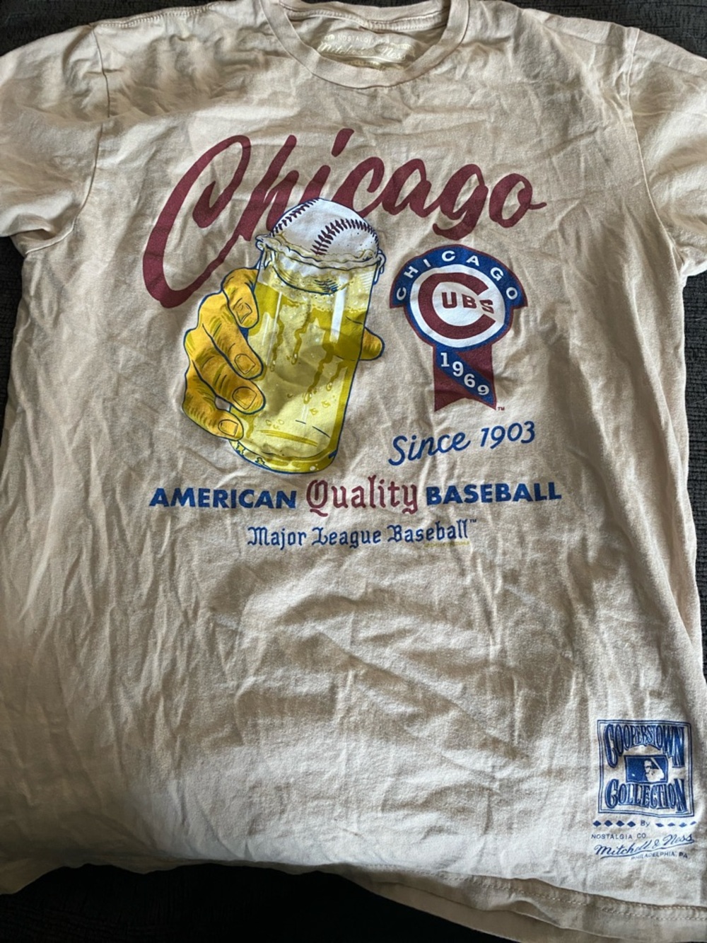 Mitchell & Ness Cream Chicago Cubs Graphic Tee with Maroon, Blue & Yellow